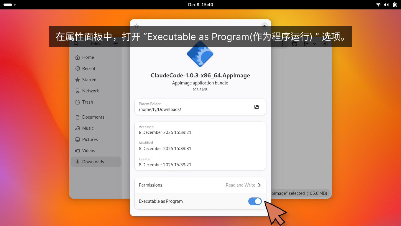 在属性面板中,打开 Executable as Program(作为程序运行) 选项。 在属性面板中,打开 Executable as Program(作为程序运行) 选项。